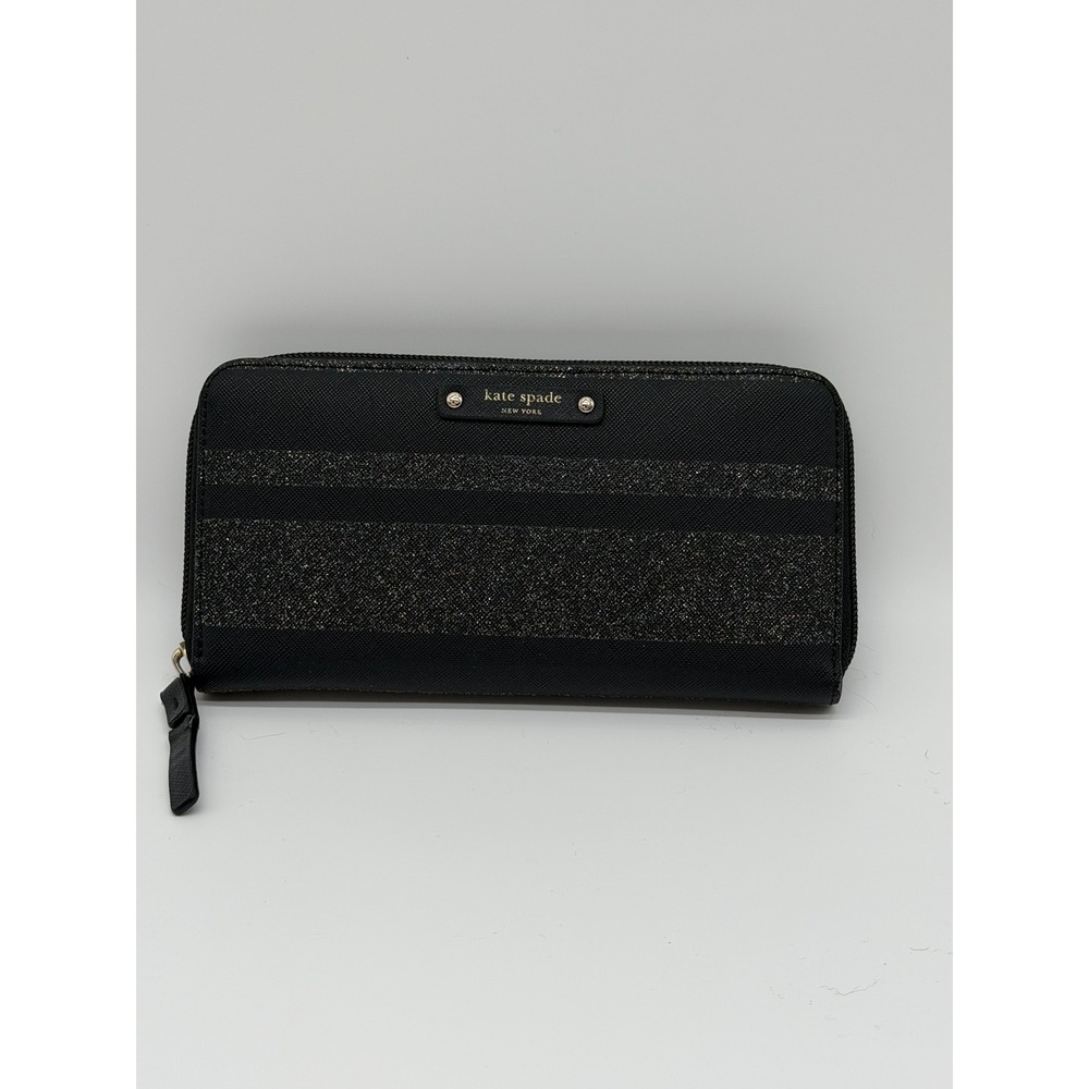 Kate Spade New York Black Glitter Stripe Saffiano Leather Zip Around Wallet